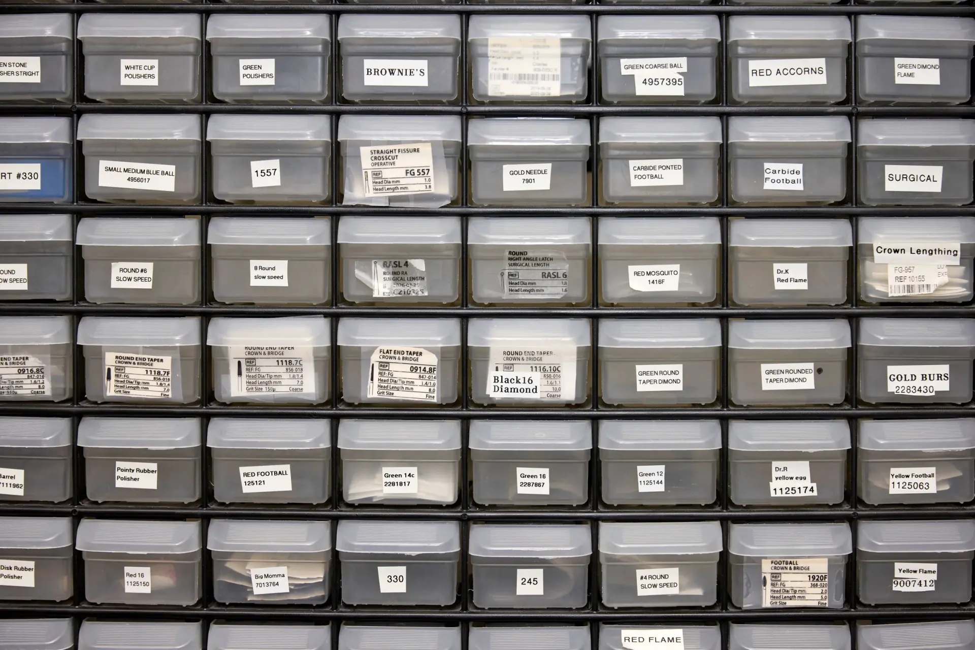 A rack of plastic boxes